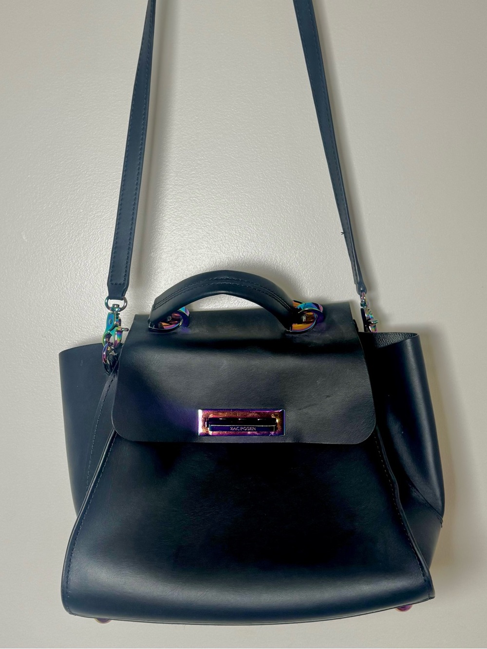 ZAC Zac Posen Eartha Black Leather Satchel Oil Slick Iridescent Hardware